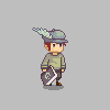 Pixel art character with red hair, gray hat featuring a blue and white feather-like detail, green long-sleeve shirt, brown pants, and brown shoes holding a dark shield with light green symbol.