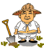 A cartoon character in white clothing and a straw hat holds a shovel, with variations showing the hat held over shoulder or removed.