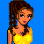 Pixelated cartoon character in yellow dress with floral patches against blue background, text reads 'Be Your-Self' in yellow letters.