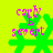 Pixelated green cartoon figure with pink text 'carby' and 'severt' on a bright yellow background, showing animation changes in the lower body.