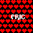 Red heart pattern background with four instances of the text 'FRIC' in white pixelated font, arranged in two on a black backdrop