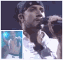 A person in a white shirt and dark headband sings into a microphone, with a smaller inset image of the same figure clapping against a blue background.