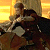 Pixelated static image of a character in dark clothing holding an object against a sunset background with yellow and orange tones.