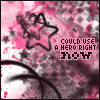 identical pink and black pixelated icons featuring a star outline, text reading "I COULD USE A HERO RIGHT NOW," and a blurred face background