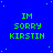 Blue background with green pixelated text reading "IM SORRY KIRSTIN" repeated in a pattern, scattered white dots resembling stars
