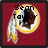A red square icon with a yellow and white circular logo containing a Native American head with feathers, overlaid with changing text