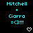 Pixelated cyan text and white heart symbols on a black background, with repeated 'Mitchell + Ciarra =<3!!!' phrases