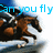 A pixelated image of a horse and rider with blue text reading "Can you fly" and "I Can!!" in different positions across two