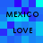 Blue pixelated background with repeated text 'MEXICO' and 'LOVE' in black block letters arranged in a pattern