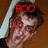 A pixelated image of a person with red text above their head, showing two states: 'BOO' on the left and 'HEHE' on the right.
