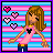 Animated pixel art contact sheet showing a cartoon girl with brown hair in pink and blue striped background, surrounded by hearts and "Adorable" text on bright pink backdrop.