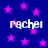 Blue background with scattered pink stars and repeated white text 'rachel' in pixelated font.