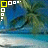 Animated beach scene with palm trees, blue water, and a changing pattern of colored squares in the top-left corner.