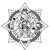 Pixelated star-shaped icon with eight points, featuring a central circular area with scattered dark and light pixels against a gray background.