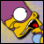 Pixelated static icon of a yellow cartoon character with large white eyes and red mouth detail against purple and beige background.