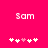 Pixelated text 'Sam' appears above a of five heart symbols on a solid pink background, with one heart changing color between frames