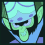 Pixelated green-skinned character with light blue hair and purple spots, wearing a blue garment against dark background.