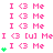 pink 'I <3 Me' text icons with green heart accents, some displaying '[u]' in brackets between 'Me' and the hearts