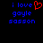Two side-by-side pixelated text displays on black background, each with blue lowercase letters and a red heart symbol replacing the 'o' in 'love'.