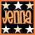 Two side-by-side pixelated display the name 'Jenna' in orange text with alternating star patterns above and below on a black background