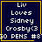 Four identical dark blue square with yellow borders display white pixelated text reading "Liv Loves Sidney Crosby<3" and "50 PENS #830 PENS #8", with one showing a small yellow star-like animation