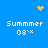 Blue background with four 'Summer 08' text blocks and three animated yellow pixel clusters in heart, starburst, and scattered patterns.