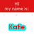 Red banner with 'HI my name is:' text above two names: 'Katie' in cyan outline and red letters, 'Platt' in blue letters on yellow background.