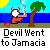 Pixelated image of a red devil with horns and tail holding an orange object emitting smoke, standing on brown ground next to a green palm tree under blue sky with yellow sun.