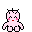 Pixelated pink cartoon figure with black outline, red mouth, and pink cheeks in two poses: seated with arms outstretched and hands raised to head.