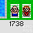 Pixelated cartoon figures in blue and red shirts stand against green backgrounds with repeated '1738' text below.