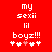 Red background with white pixelated text reading 'my sexii lil boyz!!!' and five heart symbols below, two of which are pink.