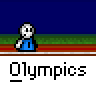 Animated contact sheet of Olympic-themed AIM buddy icons showing running stick figures, podiums, medals, and rings across 24 frames with "Olympics" text below each icon.