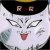 Pixelated face with white skin, black eyes, and red mouth under a dark hat with yellow trim.