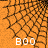 Orange background with black spiderweb pattern and white 'BOO' text in four quadrants, one quadrant grayed out.