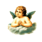 Pixelated angel icon with brown curly hair, green wings, and clasped hands on a cloud base against gray background.