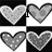 Pixelated heart-shaped icons with varying grayscale shading and partial text fragments on black and white backgrounds.