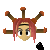 Pixelated character with pink hair and brown headpiece, holding a knife in three sequential poses against gray background.