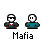 Pixel art buddy icon set with two figures: one in black suit and sunglasses, the other in teal shirt. Speech bubbles display text like "YOU GOT THE DOE?" and "HIS NUTS."