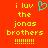 Red background with yellow pixelated text reading "i luv the jonas brothers !!!!!!!" and a cyan heart symbol replacing the 'u' in 'luv'.