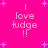 Bright pink background with four identical pixelated text blocks reading "I love fudge !!" surrounded by small purple plus signs.