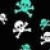 Pixelated icon set with white skull and teal star-like shapes on black background.