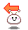 Pixelated cartoon character with white rounded head, brown outline, two antennae, black eyes, pink cheeks, and a smiling mouth, holding a left-pointing arrow above its head.