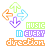 identical animated icons featuring a four-directional arrow symbol above text reading 'MUSIC IN EVERY DIRECTION' with color variations in the arrows and background