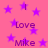 Pink background with purple stars and repeated text 'Love', 'Mike', and vertical lines in dark purple.