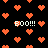 Black background with scattered orange pixelated hearts and four instances of white text reading "BOO!!!" in a retro digital style.