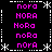A black background displays a of pink text variations spelling 'nora' in different cases, bordered by white dotted lines and star shapes