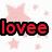 Red text 'lovee' with black outline on white background surrounded by pink stars of varying sizes.