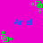 A vibrant pink background features repeated blue text "Ariel" and green pixelated square animations with small dots and lines.