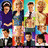 Four pixelated figures in a horizontal row, each with distinct clothing and background colors, standing side-by-side in a static composition.