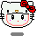 Pixelated white cat face with black whiskers, red bow on right side, pink cheeks, and small purple dots; left version has closed mouth, right version has smiling mouth.